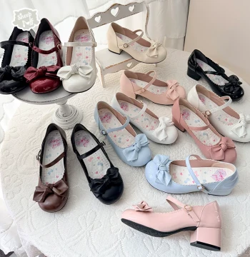 [Deposit Only] Slightly Round Mid-Heel Shoes – Matte Lambskin Puff Lolita Bow Pumps