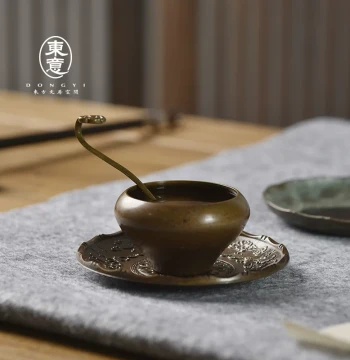 Dongyi Study Room Antique Brass Water Pot, Brush Washer Basin, and Small Spoon Set for Calligraphy (3-Piece)