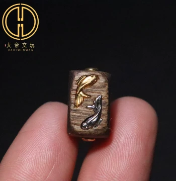 Sterling Silver S925 Beads with Natural Agarwood Inlay Featuring Yin-Yang Double Fish Design, Square Barrel Spacer Beads for DIY Bodhi Bracelets