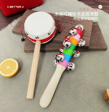 Wooden Handle Leather Rattle Drum Baby Toy Glue-Free Paint-Free for Ages 1+ Boys and Girls Wooden Shaker