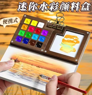 Mini Watercolor Paint Set with Walnut Wood Board, Portable Easel, and Travel Sketchbook