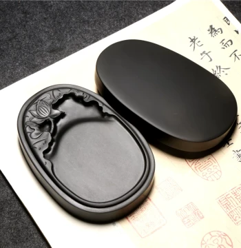 National Intangible Cultural Heritage Anhui She Inkstone - 'Lotus Picking in Jiangnan' Design, Raw Stone with Lid for Calligraphy, Painting, and Ink Grinding