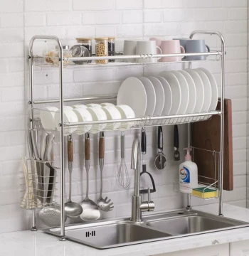 Stainless Steel Sink Rack Kitchen Organizer Over-Sink Dish Drying Rack with Utensil Holder