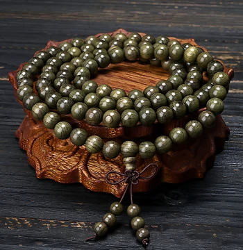 Premium Golden Nanmu Buried Wood Prayer Beads - 8mm, 108 Beads Bracelet, Green Material, Hand-Polished Mala for Men, Women, and Couples
