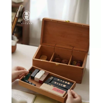 Dongyi Solid Wood Double-Layer Compartment Desktop Organizer for Calligraphy Brushes, Collectibles, Bracelets, and Seals