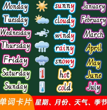 English Vocabulary Flashcards for Classroom Teaching - Categories Include Weather, Days, Months, Clothing, Home, Seasons, Fruits, Food, and Professions