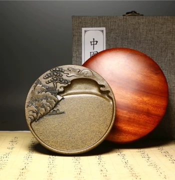 Intangible Cultural Heritage She Inkstone Carving Art 'Boyi Landscape', Old Pit She Inkstone, Premium Natural Raw Stone Huangyuzi from Shexian, Handcrafted Lidded Inkstone, Masterpiece for the Four Treasures of the Study