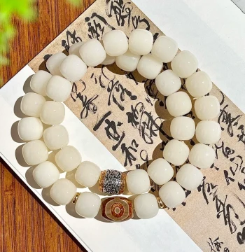[Snowy Frost] Natural Raw White Bodhi Root Bracelet, Double-Loop Handheld Beads for Men and Women