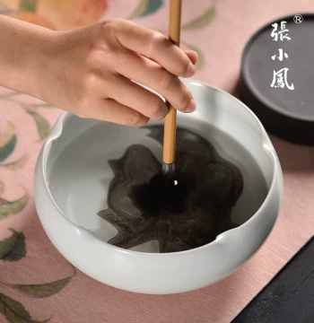 Zhang Xiaofeng Celadon Brush Washer and Inkstone Set - Large/Medium/Small Ceramic Four Treasures of the Study for Calligraphy and Painting, Multi-Function Water Pot for Ink and Brush Cleaning