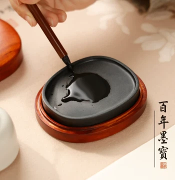 [Free Inkstone Starter Kit Included] She Inkstone with Green Fish Roe Pattern - Palm-Sized Raw Stone, Handcrafted by Artisans with Sealed Lid for Calligraphy