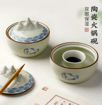 Ceramic Hot Pot Inkstone with Lid for Calligraphy, Moisture-Retaining Ink Dish to Prevent Drying, Brush and Ink Container, Essential Scholar's Studio Item
