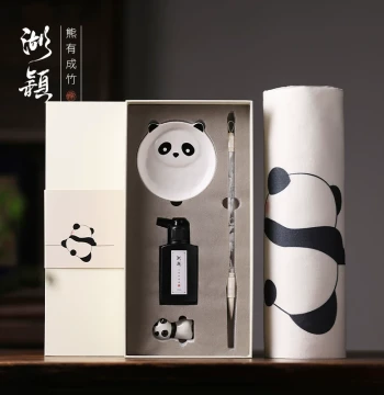 Huying Brush Set, Complete Four Treasures of the Study Kit for Calligraphy, Includes Paperweight and Inkstone, Perfect for Beginners, Kids, and Students, Panda-Themed Cultural Gift Box