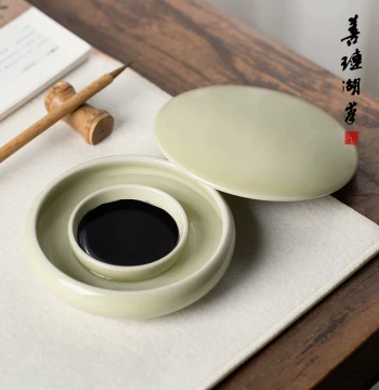 Shanlian Hubi Hot Pot Inkstone, Ceramic Study Accessories Including Ink Dish, Brush Rest, Four Treasures of the Study, Brush Washer, Non-Drying Inkstone for Calligraphy, Water Bowl, Brush Holder, Water Pot, Ink Dropper, Complete Set