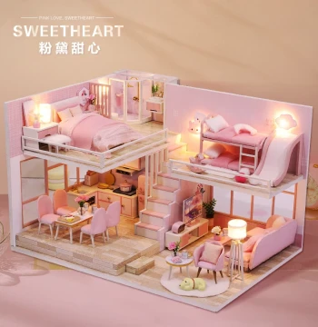 DIY Miniature House Pink Sweetheart Handmade Small House Model Villa Building Assembly Creative Birthday Gift for Women
