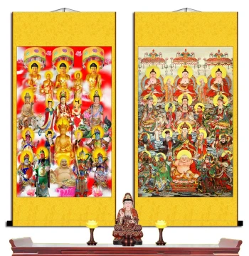 All-Buddhas and Ten-Thousand-Buddhas Scroll Painting, Full-Hall Buddha Portrait for Living Room Decor, Silk Material, Framed