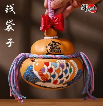 Guochao Koi Fish Painted Lucky Bag Money Pouch Gourd Ornament New Year Decor Handcrafted Unique Wenwan