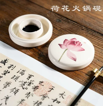 Chinese Style Ceramic Hotpot Inkstone with Double Ring and Lid - Creative Lotus Design for Calligraphy, Anti-Evaporation Ink Pool