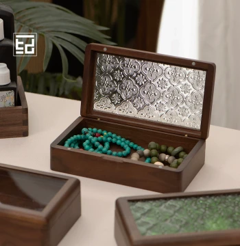 Solid Wood Bracelet Storage Box with Glass Lid - Large Capacity for Turquoise and Agarwood Beads, Featuring Begonia Flower Design