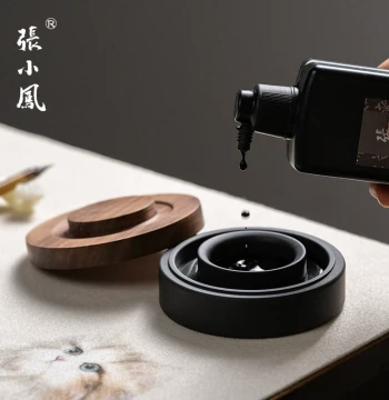 Zhang Xiaofeng Natural She Inkstone Set - Walnut Wood Ink Box with Lid, Brush Washer and Hotpot Style Ink Pool