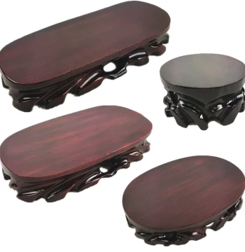Solid Wood Carved Oval Stone Display Base with Groove, Wooden Stand for Collectibles, Flower Pots, Teapots, and Incense Burners
