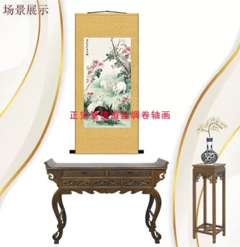 Rabbit Group Scroll Wall Art – Black and White Rabbit Decorative Painting in Silk Fabric for Chinese Living Room or Entryway