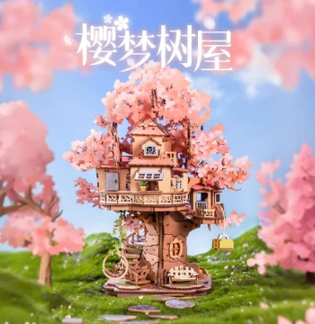 Rolife Cherry Blossom Dream Treehouse 3D Puzzle, Wooden Building Blocks Model, Handcrafted Decorative Gift