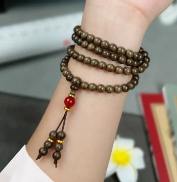 Golden Nanmu Bracelet, Yin Agarwood Wooden Bracelet, Zhen Nan Prayer Beads, 108-Bead Mala Necklace for Men and Women, Vintage Wood Collectible