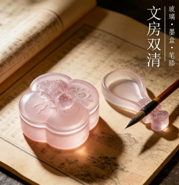 Ink Box and Ink Dish with Hotpot-Style Inkstone, Covered Moisture-Retaining Ink Pool for Calligraphy, Glass Ink Well with Lid, Brush Rest and Stand, Four Treasures of the Study Gift Set for Beginners