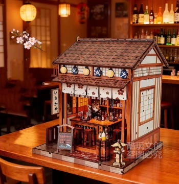 Japanese Izakaya 3D Wooden Assembly Model - Handmade DIY Miniature House Bookend Building Block Toy and Birthday Gift
