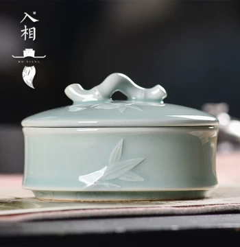 Ruxiang Studio 'Rising Step by Step' Hotpot Inkstone with Lid, Keeps Ink Moist, Add Water, Ru Kiln Celadon Bamboo Section Design, Plum Blossom Powder, Ideal for Calligraphy Beginners