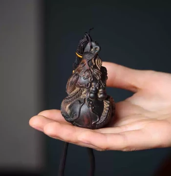 Agarwood Auspicious Dragon Coiled Around Gourd Handheld Piece, Many Sons Many Blessings Wood Carving, Car Hanging Ornament, Portable Play Craft Display