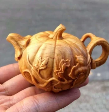 Thuja and Boxwood Pumpkin-Shaped Teapot Wood Carving, Handheld Playpiece, Display Ornament, Craft Art, Collectible Solid Wood Carved Handheld Teapot