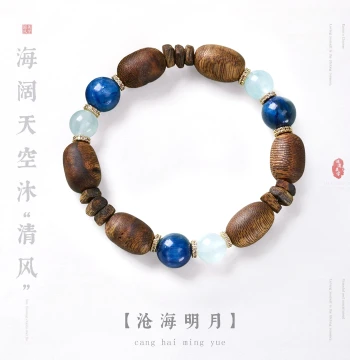 Natural Agarwood Bracelet for Men, New Chinese Style Wooden Beads with Blue Crystal and Aquamarine Luck Bracelet for Women, 2026 New Arrival
