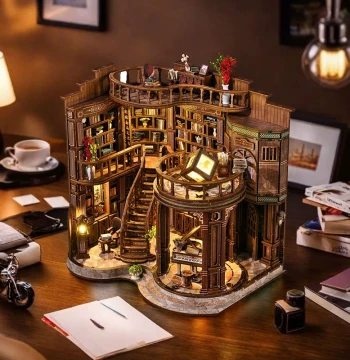 Vintage DIY Miniature House 'Qimeng Study Hall' - Handcrafted Wooden Assembly Model with 6 Lights, Decorative Display and Birthday Gift