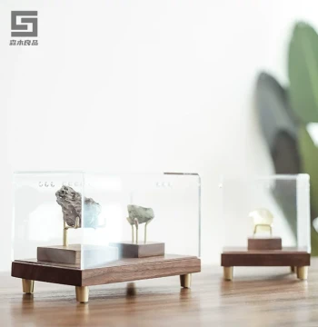 Black Walnut Mineral Display Box with Transparent Acrylic Dust Cover, Collectible Gold Fossil Craft Display Piece