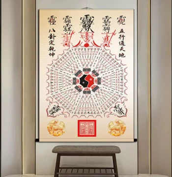 Five Elements and Eight Trigrams Scroll Painting - Gold, Wood, Water, Fire, Earth Divination Chart, Traditional Culture Decor, Silk Material, Fade-Resistant