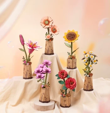 Rolife Wooden Art Blooming Flowers: Wooden Assembly Building Block Flower Puzzle, 3D Stereo Model, Manual DIY Valentine's Day Gift for Her