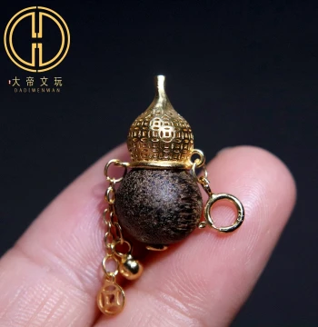 S925 Sterling Silver Gold-Plated Inlaid Natural Agarwood Gourd Pendant, Side-Hung Dangle Necklace, Bracelet Accessory, Collectible Charm