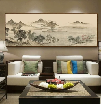 New Chinese Style Sofa Background Wall Art, Living Room Feng Shui Mountain Support, Traditional Chinese Landscape Ink Painting, Large-Scale Mural