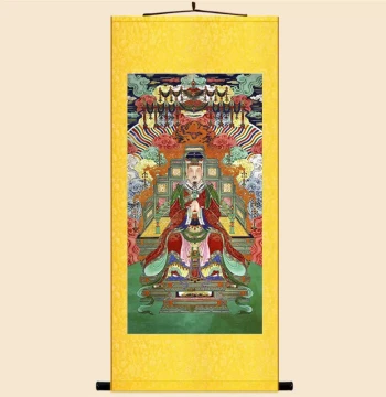 Ming and Qing Dynasty Retro Water-Land Painting, Portrait of the Great Emperor of the North Star Purple Micro, Silk Fabric Scroll Hanging Art, Deity Painting, Silk Art