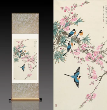 Famous Artist National Painting Scroll - Silk Flower and Bird Artwork for Study or Living Room Decoration, 'Early Spring Competition' with Peach Blossoms and Four Joy Birds
