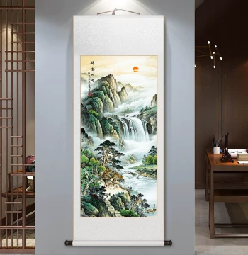 Traditional Chinese Painting 'Sunrise in the East' Landscape Art - New Chinese Style Living Room Decor, Office Wall Art, Vertical Hallway Scroll