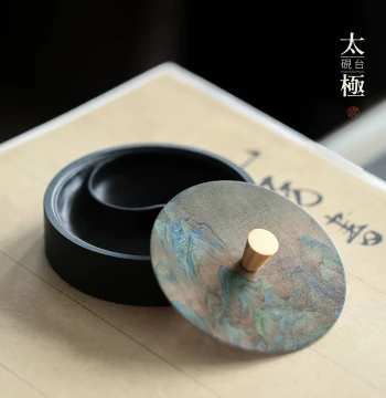 Wen Xin Tang Thousand Miles of Rivers and Mountains Tai Chi Hot Pot Inkstone with Lid Ink Box Luowen Inkstone Grindable Ink Stick for Beginners Four Treasures of the Study Multi-Functional Portable Partitioned Inkstone Natural Water Ripple Inkstone