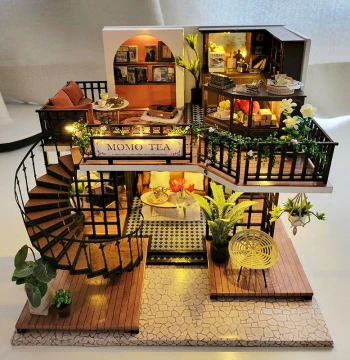 DIY Miniature House, Retro Jungle Momo Tea Theme, Handcrafted Building Model Assembly Toy, Birthday Gift