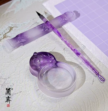 Traditional Calligraphy Set: Ink Stone, Brush Rest, Ink Stick, Paper Weight, and Crystal Glass Ink Dish – Elegant Chinese Style Gift