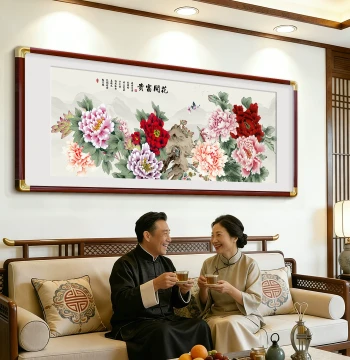 Blooming Flowers Bring Wealth Living Room Decor - New Chinese Style Sofa Background Large-Scale Chinese Painting, Peony Wall Art for Bedroom