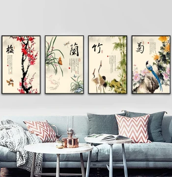 Chinese Traditional Four-Panel Wall Art: Plum, Orchid, Bamboo, and Chrysanthemum for Living Room, Study, Office, or Sofa Background