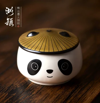 Huying Bear Hot Pot Inkstone with Lid, Sealed Non-Drying Ink Dish for Calligraphy, Cute High-Aesthetic Ceramic Ink Box, Ink Well for Students, Creative Four Treasures of the Study
