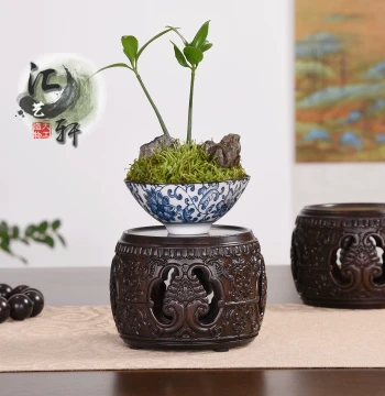 Solid African Ebony Carved Drum-Shaped Round Wooden Base Display Stand for Teapots, Bonsai, Incense Burners, and Cultural Artifacts
