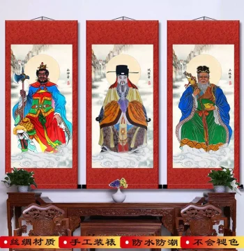 Silk Vertical Scroll Painting of Mountain God, Earth God, and City God - Hand-Mounted, Waterproof, Fade-Resistant